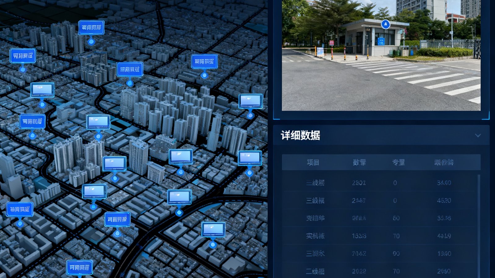 OG视讯后台点位资源查询界面，左侧为城市地图标注所有可用屏幕位置，右侧展示选中点位的实地照片和详细数据面板