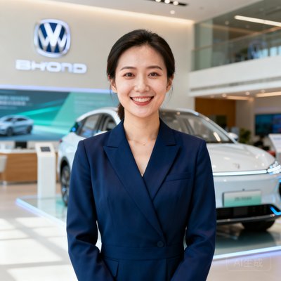 某知名新能源汽车品牌市场总监王女士的职业肖像照，背景为品牌展厅，她身着深蓝色职业装，面带微笑
