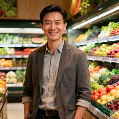 连锁生鲜超市营销总监李先生的职业肖像，背景为超市货架和新鲜蔬果陈列区，他穿着休闲商务装