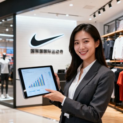 国际运动品牌数字营销负责人陈女士的职业肖像，背景为品牌旗舰店，她手持平板电脑展示数据报告